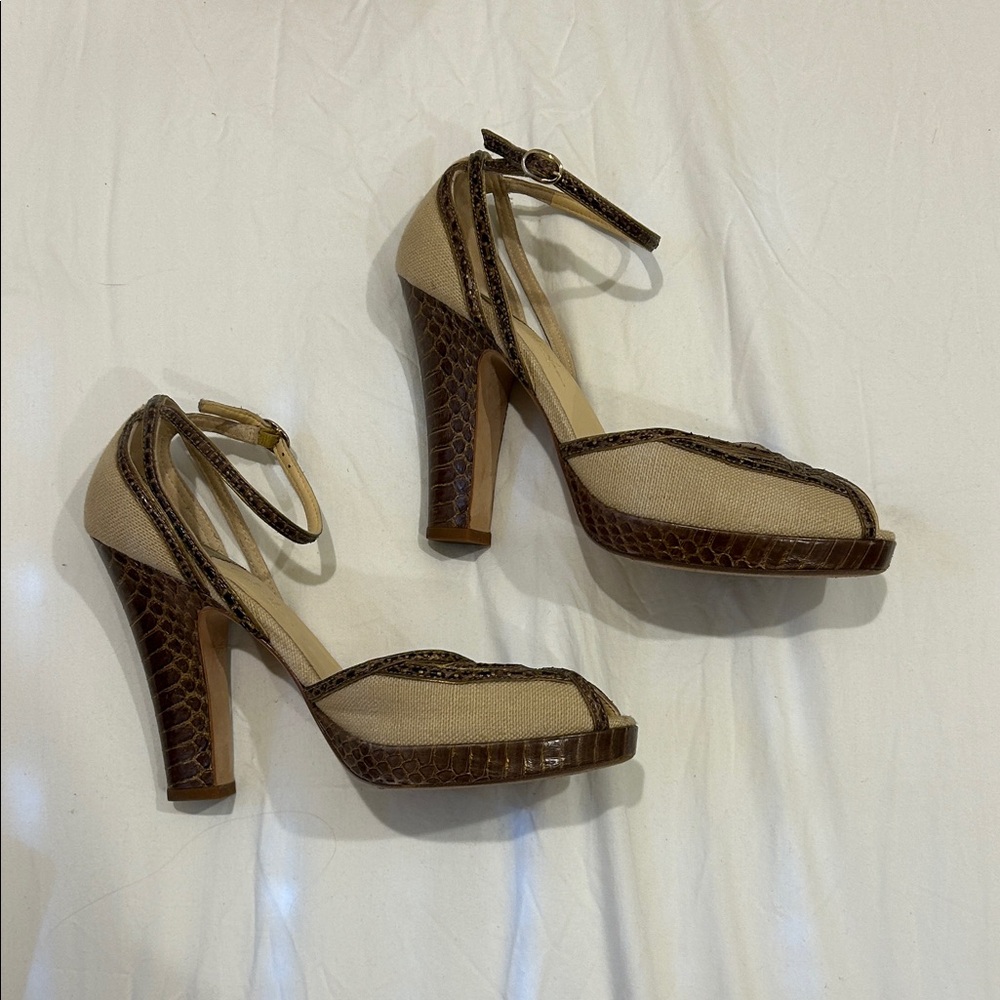 Cole Haan Camilla Air Peep Toe Beige Linen Tan Snakeskin Print Heels